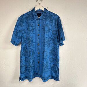 Tommy Bahama Mens Blue Paisley Floral Silk Cotton Button-Up Shirt Medium Casual